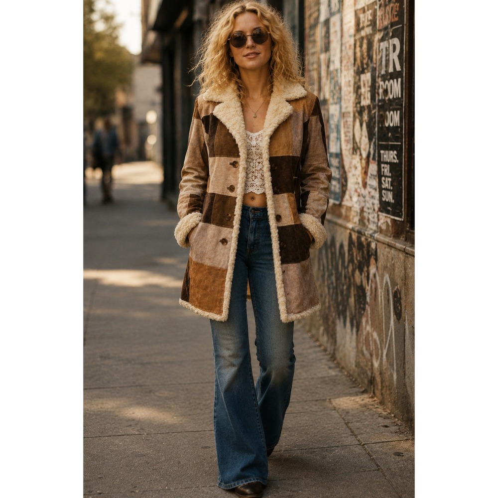 STATIC Patchwork Suede Leather Penny Lane Sherpa Coat Jacket Neutral Brown Tan M